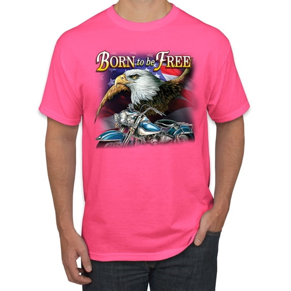 Wild Bobby, Born To Be Free Blad Eagle and American Flag Cars and Trucks Men's Graphic T-Shirt, Neon Pink, X-Large