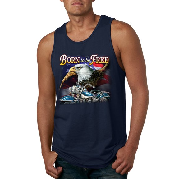 Wild Bobby, Born To Be Free Blad Eagle and American Flag Cars and Trucks Mens Graphic Tank Top, Navy, Small