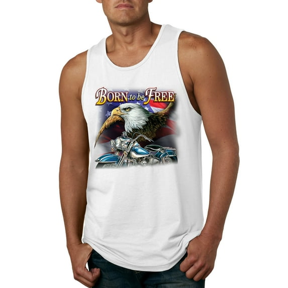Wild Bobby, Born To Be Free Blad Eagle and American Flag Cars and Trucks Mens Graphic Tank Top, White, X-Large
