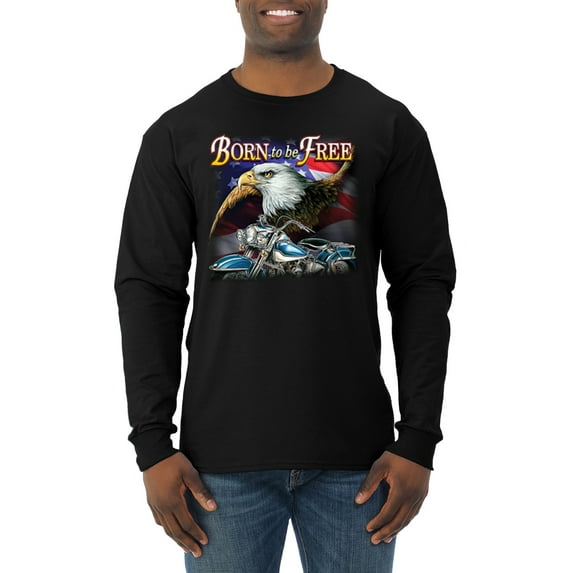 Wild Bobby, Born To Be Free Blad Eagle and American Flag Cars and Trucks Mens Long Sleeve Shirt, Black, Small