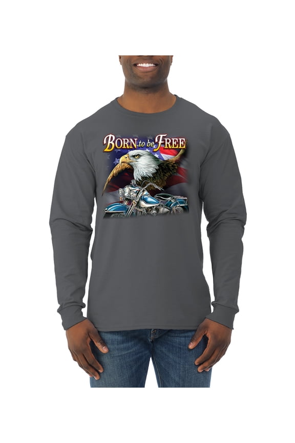 , Born To Be Free Blad Eagle and American Flag Cars and Trucks Mens Long Sleeve Shirt, Charcoal, Large