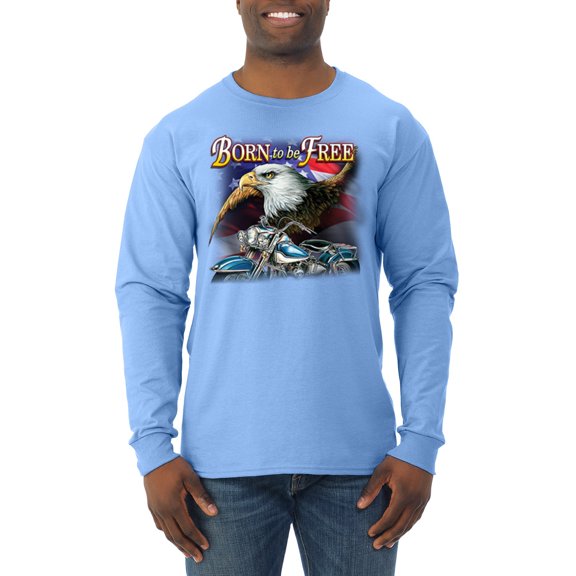 Wild Bobby, Born To Be Free Blad Eagle and American Flag Cars and Trucks Mens Long Sleeve Shirt, Light Blue, Medium