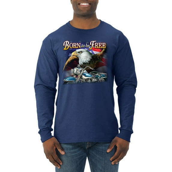 Wild Bobby, Born To Be Free Blad Eagle and American Flag Cars and Trucks Mens Long Sleeve Shirt, Navy, X-Large