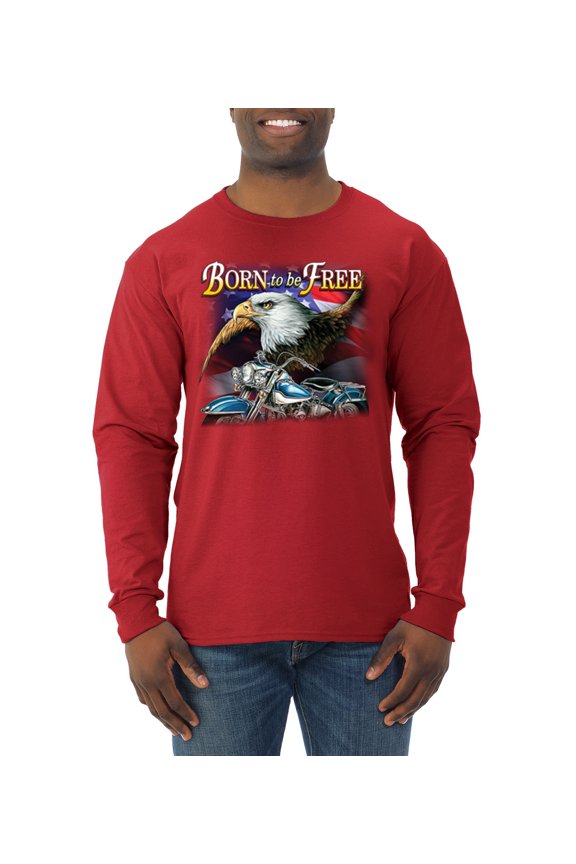 , Born To Be Free Blad Eagle and American Flag Cars and Trucks Mens Long Sleeve Shirt, Red, Large