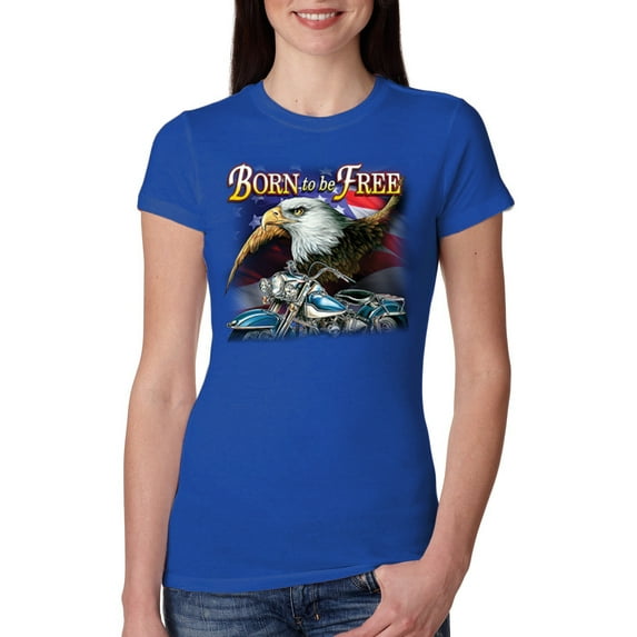 Wild Bobby, Born To Be Free Blad Eagle and American Flag Cars and Trucks Womens Slim Fit Junior Tee, Royal, Medium