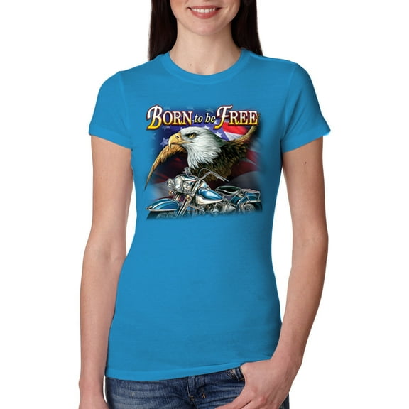Wild Bobby, Born To Be Free Blad Eagle and American Flag Cars and Trucks Womens Slim Fit Junior Tee, Turquoise, Medium