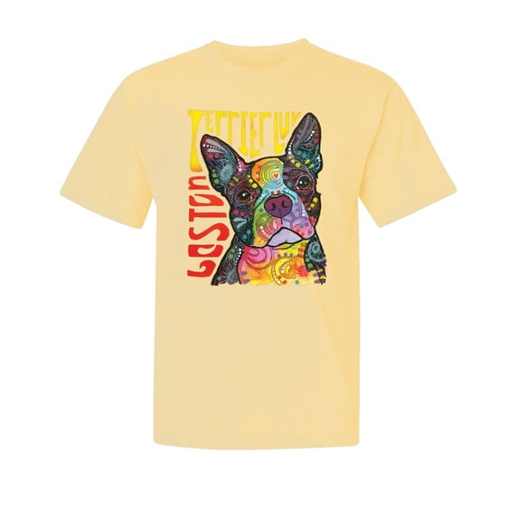 Wild Bobby,Boston Terrier Cute Retro Dean Russo Dog Lover Garment-Dyed Washed Look Short Sleeve Tees, Banana, Large