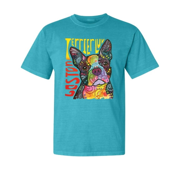Wild Bobby,Boston Terrier Cute Retro Dean Russo Dog Lover Garment-Dyed Washed Look Short Sleeve Tees, Blue Lagoon, Small