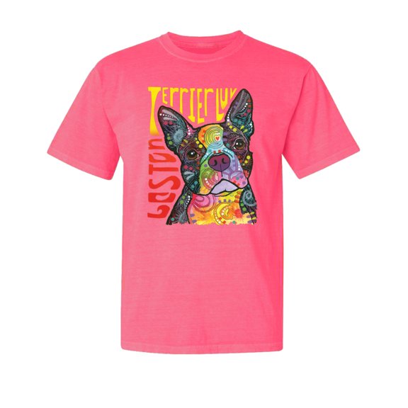 Wild Bobby,Boston Terrier Cute Retro Dean Russo Dog Lover Garment-Dyed Washed Look Short Sleeve Tees, Neon Pink, Medium