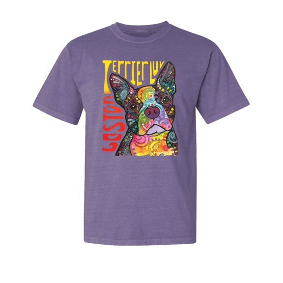 Wild Bobby,Boston Terrier Cute Retro Dean Russo Dog Lover Garment-Dyed Washed Look Short Sleeve Tees, Purple, Small