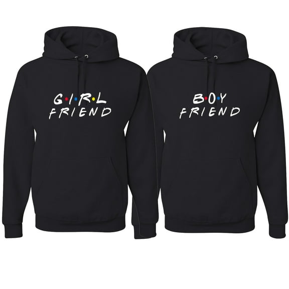 Wild Bobby, Boy Friend Girl Friend Funny Friends Font Classic His and Hers Matching Couples Hoodies Sweater Set, Black, Mens 2XL-Womens L