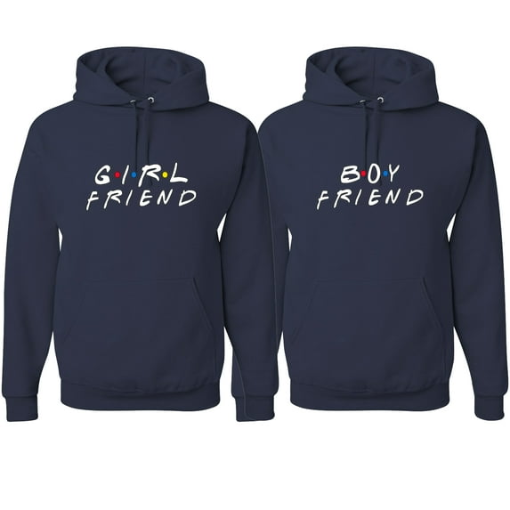 Wild Bobby, Boy Friend Girl Friend Funny Friends Font Classic His and Hers Matching Couples Hoodies Sweater Set, Navy, Mens 2XL-Womens 3XL