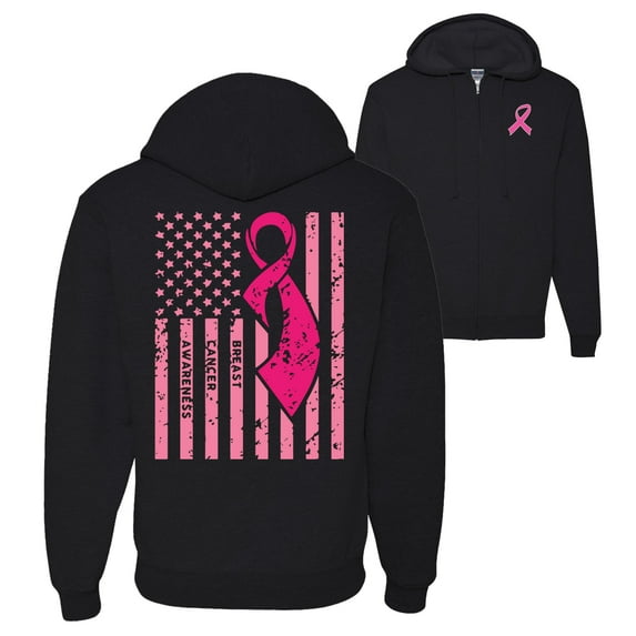 Wild Bobby Breast Cancer Awareness American Flag Front and Back Graphic Zip Up Hoodie Sweatshirt, Black, XX-Large