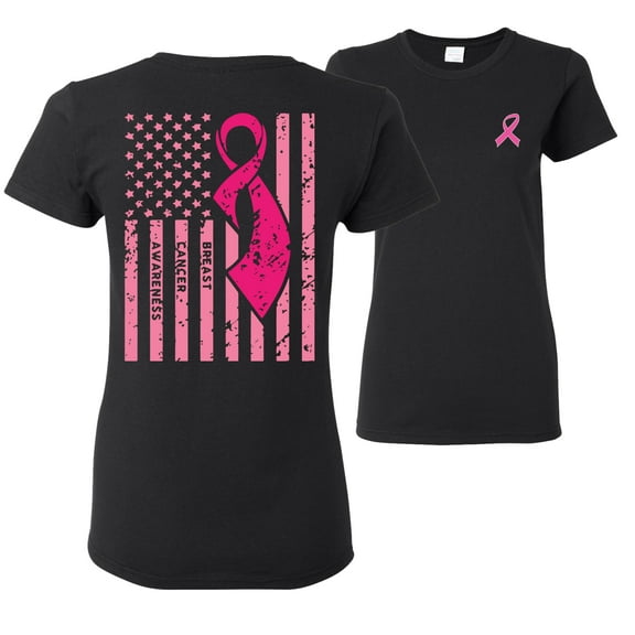 Wild Bobby Breast Cancer Awareness American Flag Front and Back Women Tee, Black, Small