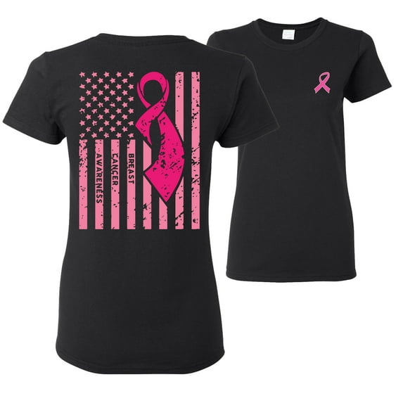 Wild Bobby, American, Breast Cancer Awareness, Flag, Breast Cancer Awareness, Front and Back Women Graphic Tee, Black, XX-Large