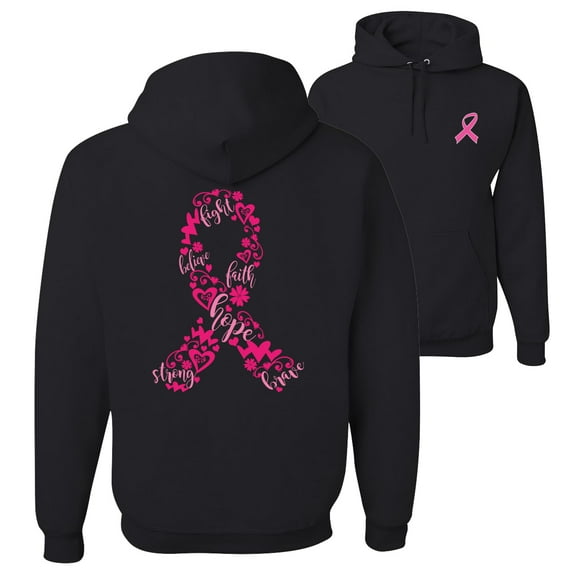 Wild Bobby, Breast Cancer Awareness Breast Cancer Ribbon Love Hope Front and Back Unisex Hoodie Sweatshirt, Black, XX-Large