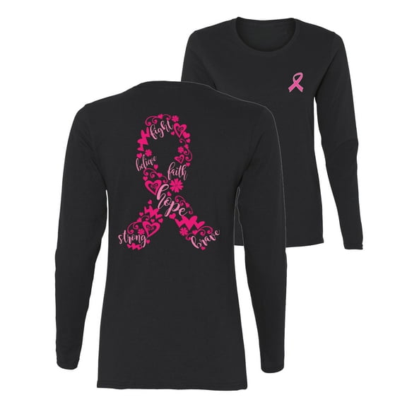 Wild Bobby Breast Cancer Awareness Breast Cancer Ribbon Love Hope Front and Back Women Long Sleeve Tee, Black, XX-Large
