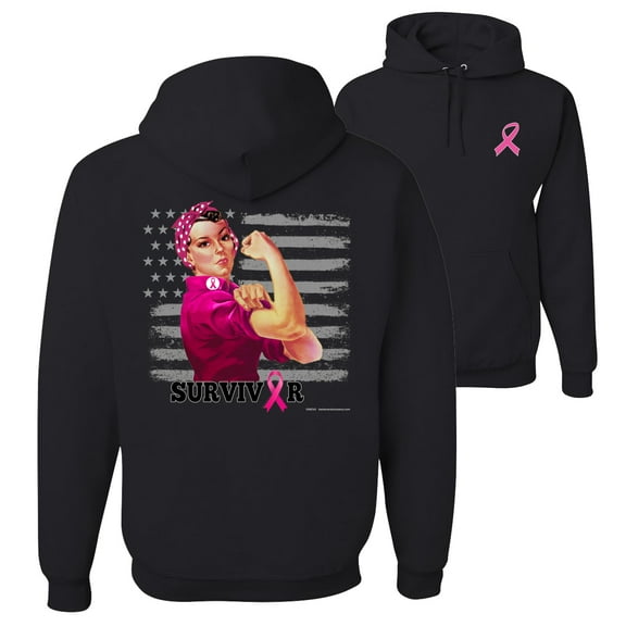 Wild Bobby, Breast Cancer Awareness Breast Cancer Survivor Distressed American Flag Front and Back Unisex Hoodie Sweatshirt, Black, X-Large