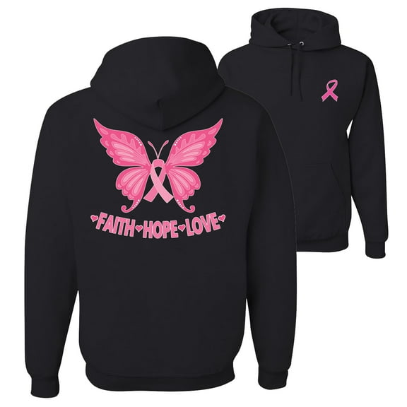 Wild Bobby, Breast Cancer Awareness Butterfly Pink Ribbon Faith Hope Love Front and Back Unisex Hoodie Sweatshirt, Black, Medium