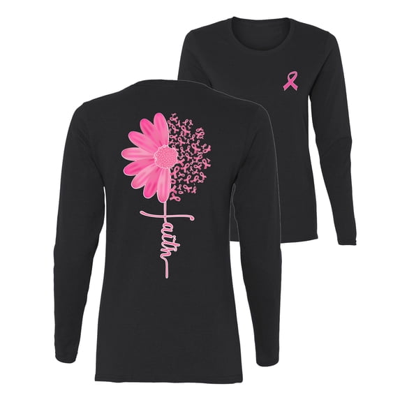 Wild Bobby Breast Cancer Awareness Faith Pink Ribbon Sunflower Front and Back Women Long Sleeve Tee, Black, XX-Large