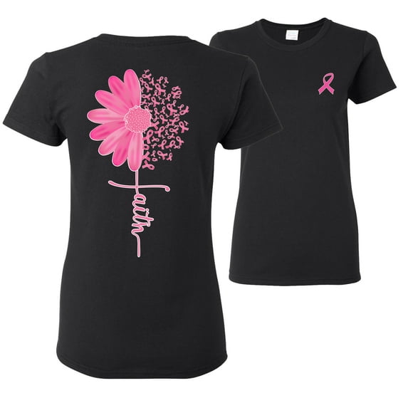 Wild Bobby, Faith Pink Ribbon Sunflower, Breast Cancer Awareness, Front and Back Women Graphic Tee, Black, Small