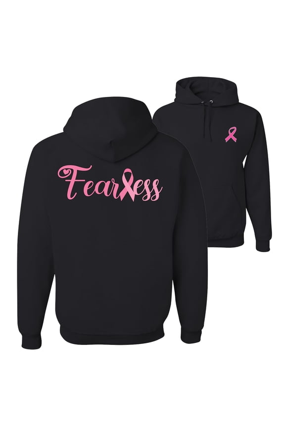 , Breast Cancer Awareness Fearless Pink Ribbon Support Warrior Women Front and Back Unisex Hoodie Sweatshirt, Black, 3X-Large