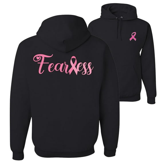 Wild Bobby, Breast Cancer Awareness Fearless Pink Ribbon Support Warrior Women Front and Back Unisex Hoodie Sweatshirt, Black, Small
