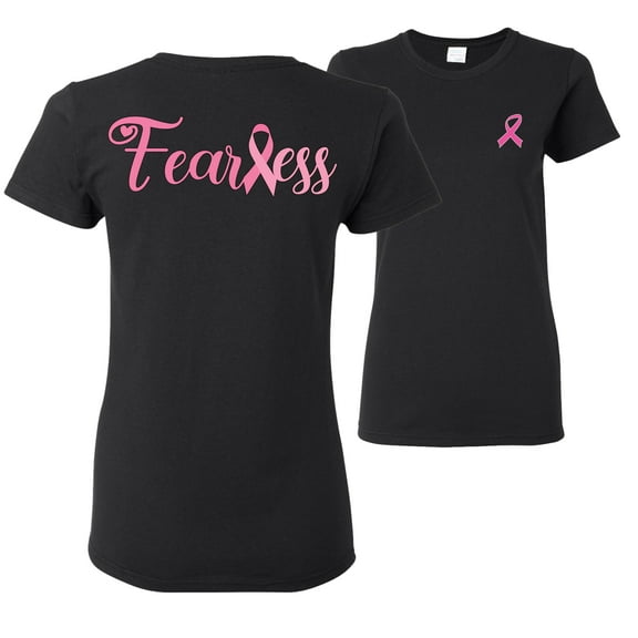 Wild Bobby Breast Cancer Awareness Fearless Pink Ribbon Support Warrior Women Front and Back Women Tee, Black, X-Large