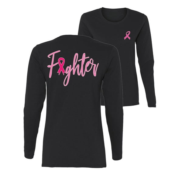 Wild Bobby Breast Cancer Awareness Fighter Breast Cancer Survivor Front and Back Women Long Sleeve Tee, Black, Large