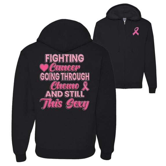 Wild Bobby Breast Cancer Awareness Fighting Cancer And Still Sexy Front and Back Graphic Zip Up Hoodie Sweatshirt, Black, Small