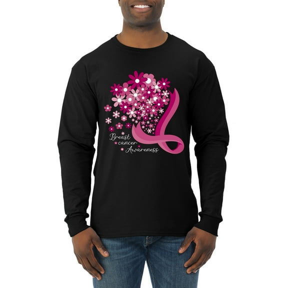 Wild Bobby Breast Cancer Awareness Flowers Breast Cancer Awareness Men Long Sleeve Shirt, Black, XX-Large