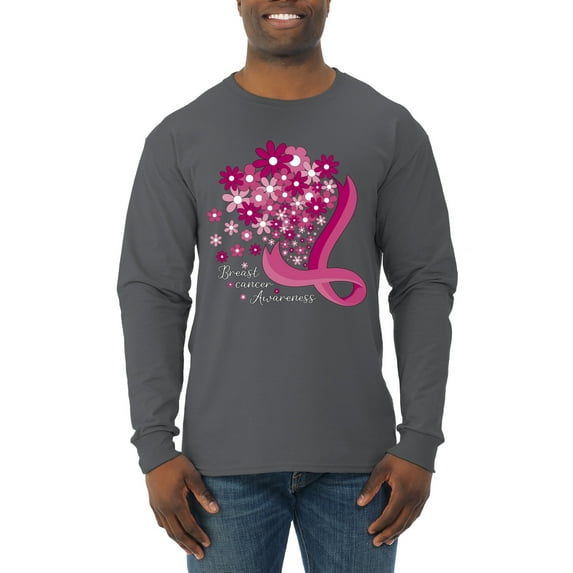 Wild Bobby Breast Cancer Awareness Flowers Breast Cancer Awareness Men Long Sleeve Shirt, Charcoal, 3X-Large