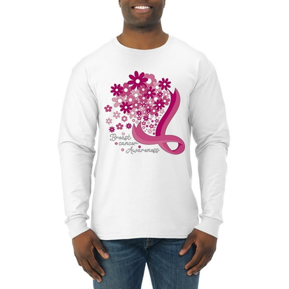 Wild Bobby Breast Cancer Awareness Flowers Breast Cancer Awareness Men Long Sleeve Shirt, White, 3X-Large