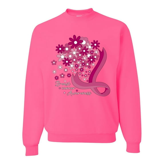 Wild Bobby Breast Cancer Awareness Flowers Breast Cancer Awareness Unisex Crewneck Sweatshirt, Neon Pink, Large