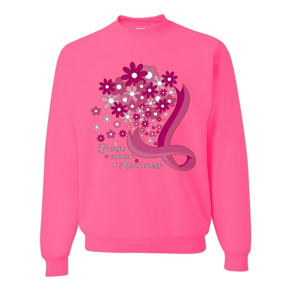 Wild Bobby Breast Cancer Awareness Flowers Breast Cancer Awareness Unisex Crewneck Sweatshirt, Neon Pink, X-Large
