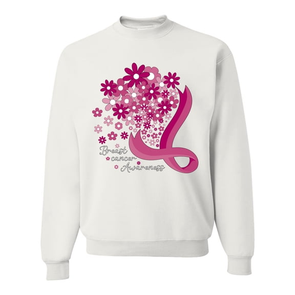Wild Bobby Breast Cancer Awareness Flowers Breast Cancer Awareness Unisex Crewneck Sweatshirt, White, Large
