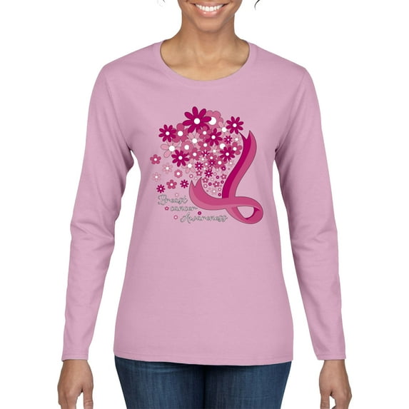 Wild Bobby Breast Cancer Awareness Flowers Breast Cancer Awareness Women Graphic Long Sleeve Tee, Light Pink, Medium