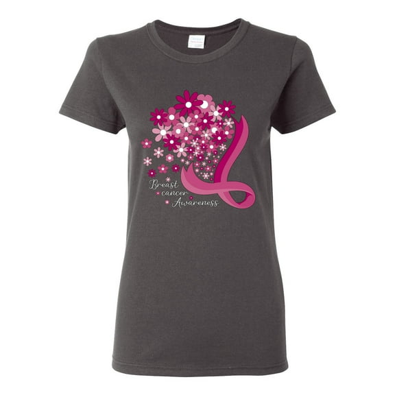 Wild Bobby Breast Cancer Awareness Flowers Breast Cancer Awareness Women Graphic Tee, Charcoal, X-Large