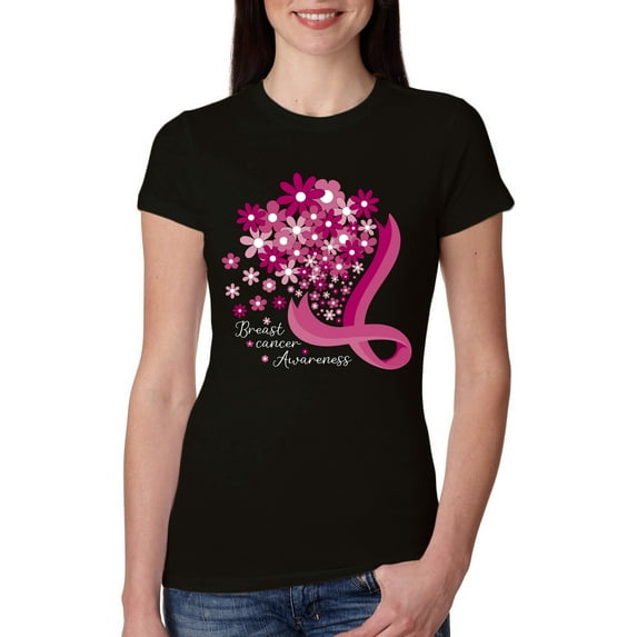 Wild Bobby Breast Cancer Awareness Flowers Breast Cancer Awareness Women Slim Fit Junior Tee, Black, Small