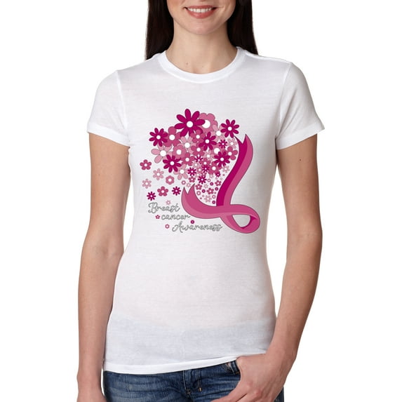 Wild Bobby Breast Cancer Awareness Flowers Breast Cancer Awareness Women Slim Fit Junior Tee, White, Small