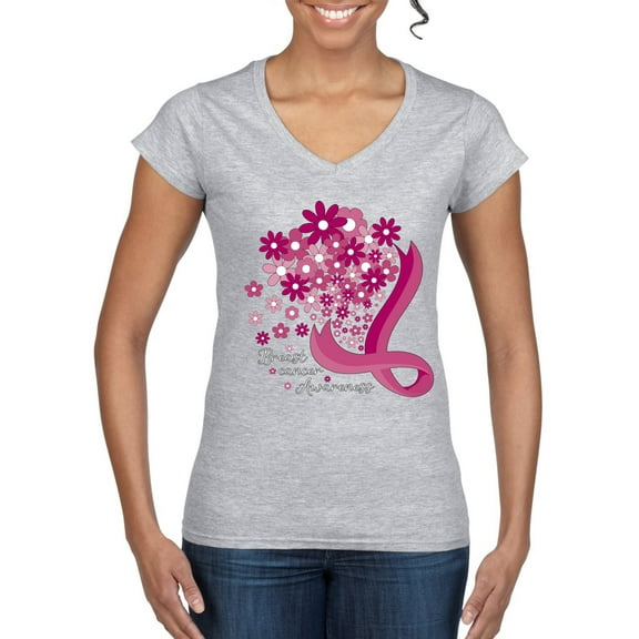 Wild Bobby Breast Cancer Awareness Flowers Breast Cancer Awareness Women Standard V-Neck Tee, Heather Grey, Large