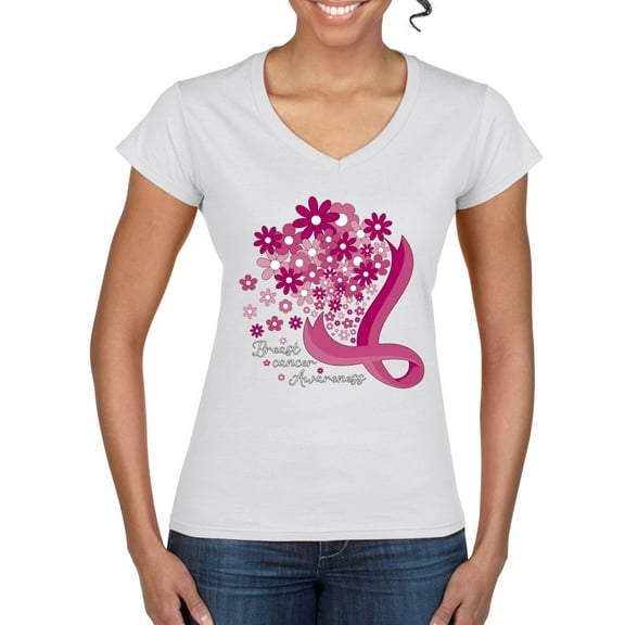 Wild Bobby Breast Cancer Awareness Flowers Breast Cancer Awareness Women Standard V-Neck Tee, White, Large