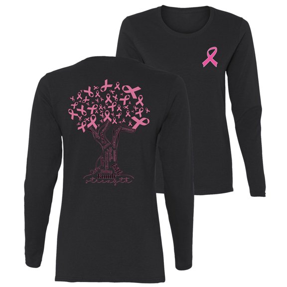 Wild Bobby Breast Cancer Awareness Front and Back Pink Tree Words of Encouragement Breast Cancer Awareness Front and Back Womens Graphic Long Sleeve T-Shirt, Black, Small
