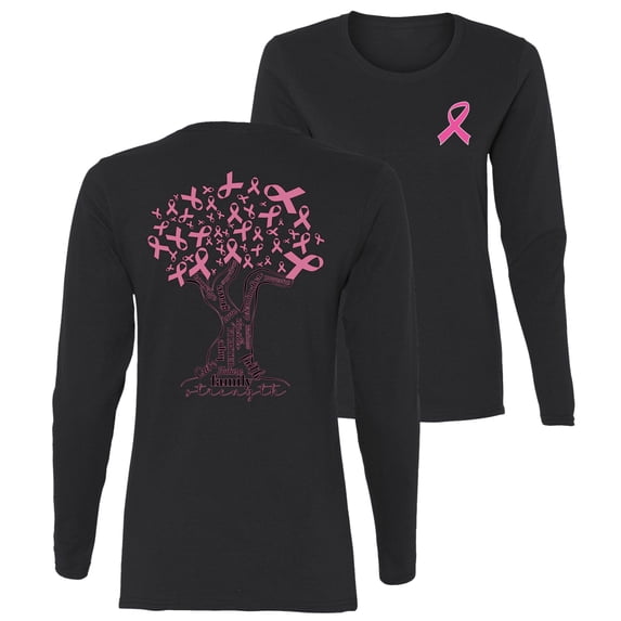 Wild Bobby Breast Cancer Awareness Front and Back Pink Tree Words of Encouragement Breast Cancer Awareness Front and Back Womens Graphic Long Sleeve T-Shirt, Black, Small