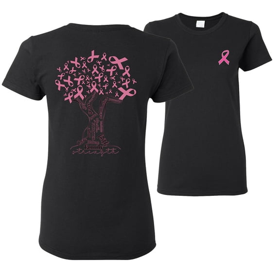 Wild Bobby Breast Cancer Awareness Front and Back Pink Tree Words of Encouragement Breast Cancer Awareness Front and Back Womens Graphic T-Shirt, Black, Small