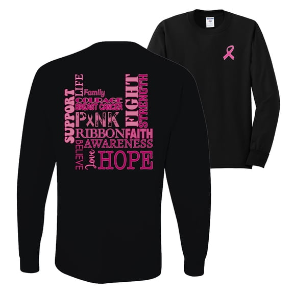 Wild Bobby Breast Cancer Awareness Front and Back Words of Encouragement Distressed Breast Cancer Awareness Front and Back Mens Long Sleeve Shirt, Black, Large