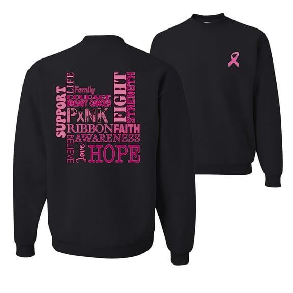 Wild Bobby Breast Cancer Awareness Front and Back Words of Encouragement Distressed Breast Cancer Awareness Front and Back Unisex Crewneck Sweatshirt, Black, Small
