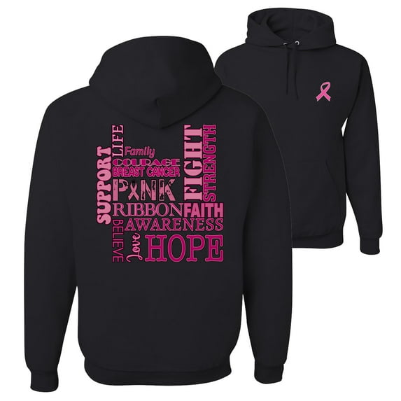 Wild Bobby Breast Cancer Awareness Front and Back Words of Encouragement Distressed Breast Cancer Awareness Front and Back Unisex Hoodie Sweatshirt, Black, Small