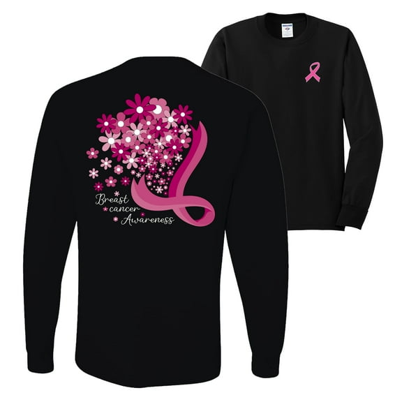 Wild Bobby Breast Cancer Awareness Front and Back Flowers Breast Cancer Awareness Front and Back Mens Long Sleeve Shirt, Black, Small