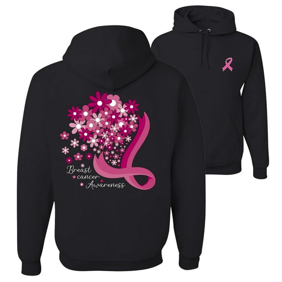 Wild Bobby Breast Cancer Awareness Front and Back Flowers Breast Cancer Awareness Front and Back Unisex Hoodie Sweatshirt, Black, X-Large